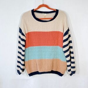 Entro Womens Small Colorblock Striped Chunky Knit Crew Neck Sweater nautical